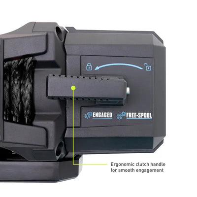 Black winch with clutch handle featuring black synthetic rope for 10k winch recovery