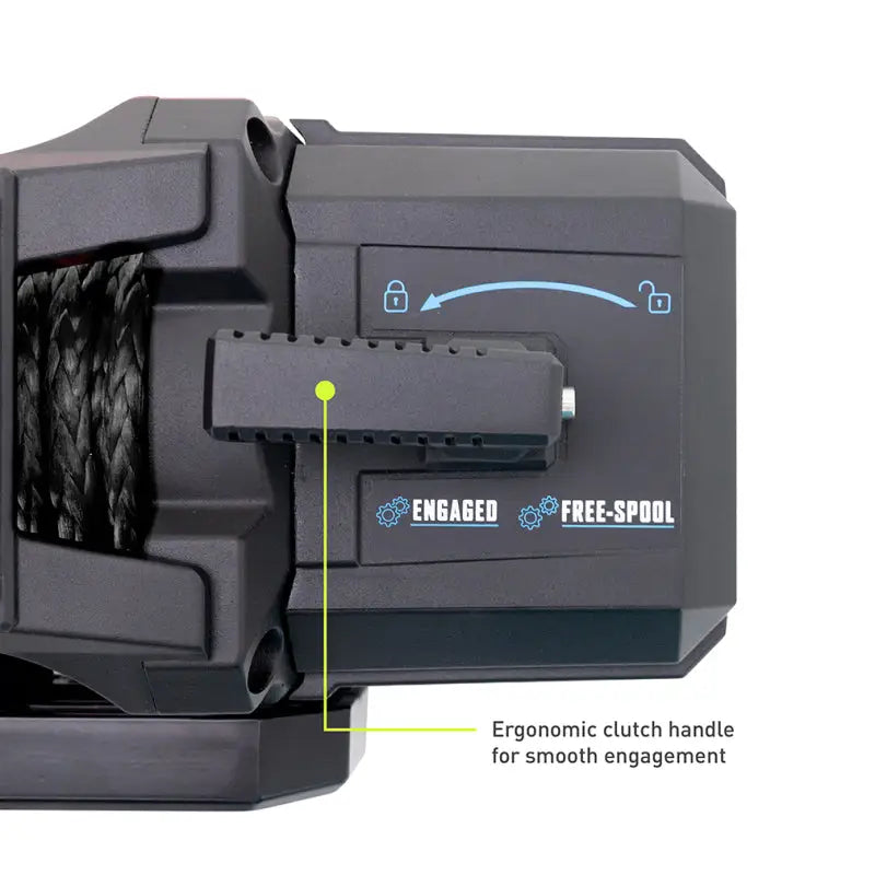 Black winch with clutch handle featuring black synthetic rope for 10k winch recovery