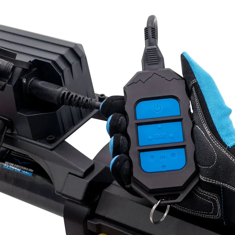 Black winch remote with blue buttons for Borne Off-Road 10K Winch with black synthetic rope