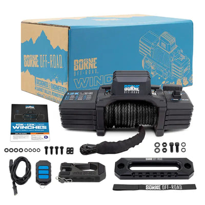 Black off-road winch with black synthetic rope and accessories for the Borne Off-Road 12K Winch