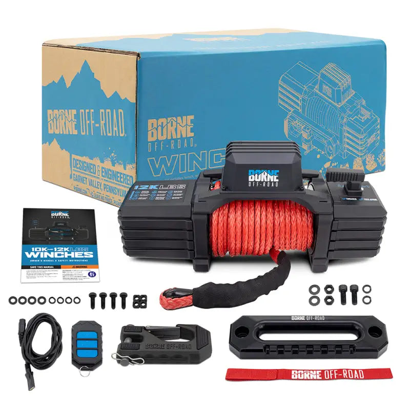 Borne Off-Road 12K Winch - Red Synthetic Rope - Winches & Hitches