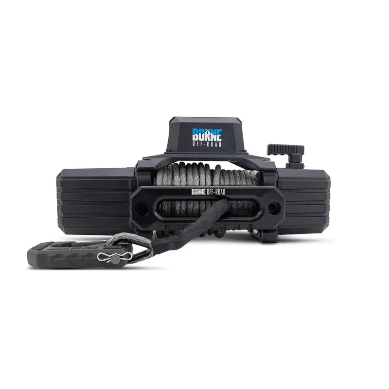Borne Off-Road 10K winch with grey synthetic rope and coiled steel cable