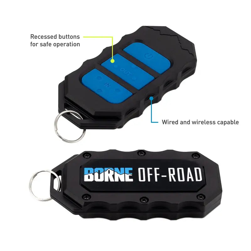 Black and blue Borne Off-Road remote with rugged design for 10K winch grey synthetic rope