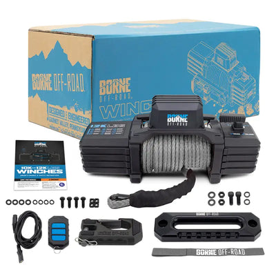 Borne Off-Road 12k winch with grey synthetic rope and rugged housing