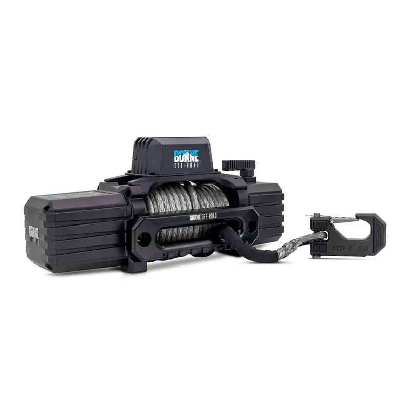 Borne Off-Road 12K Winch with grey synthetic rope and heavy-duty hook