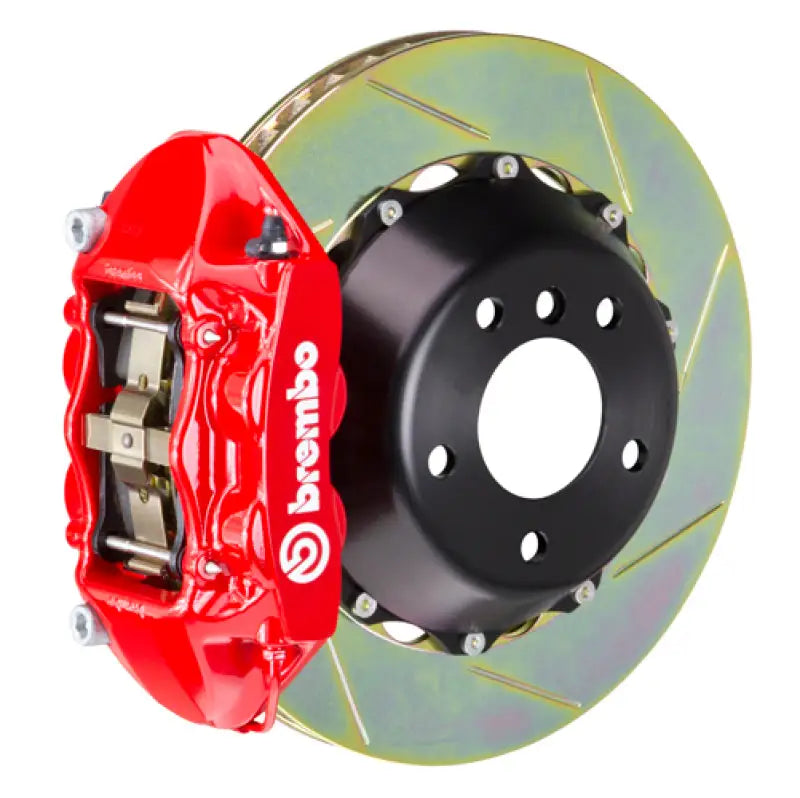 Red Brembo brake caliper and slotted rotor on EcoBoost rear GT BBK with 4 piston cast 380x28