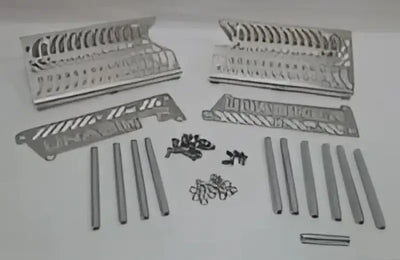 Disassembled Unabiker Radiator Guard Beta Black with mounting hardware for Unabiker radiator
