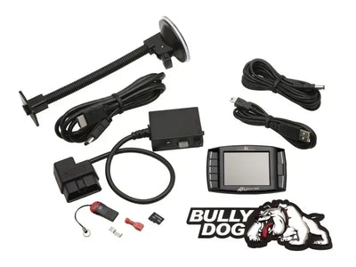 Bully Dog Triple Dog Platinum GT Gas Tuner and Gauge kit with monitor, cables, mount, and accessories.