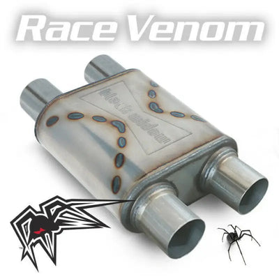 Race Venom Black Widow BWDDR-22 exhaust system for performance enthusiasts, with dual 2.5-inch pipes for optimal exhaust flow and deep aggressive sound.