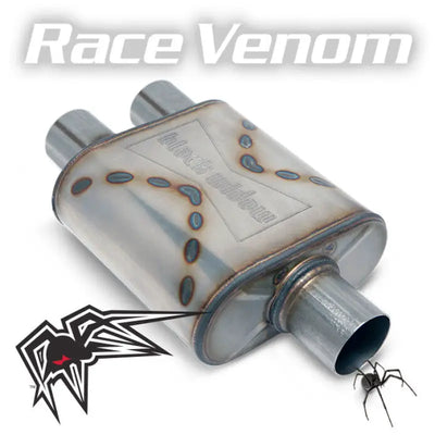 BWSDR-32 Black Widow Race Venom 3' Single/2.5' Dual exhaust system with premium stainless steel construction, enhanced flow design, and Black Widow branding for sports and performance cars.