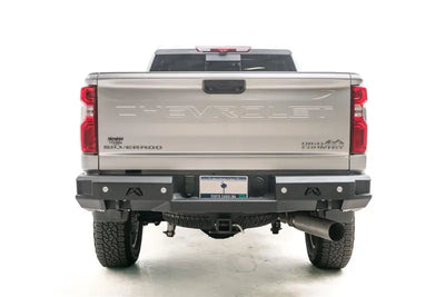Rear view of a Chevrolet Silverado High Country with the CH20-W4951-1 Fab Fours Premium Rear bumper installed, enhancing protection and style for off-road adventures, Bumpers, Grilles & Guards, AVADA - Best Sellers, Must Haves