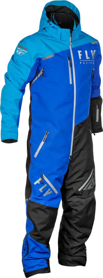 Blue and black snowsuit shown on Cobalt Shell Monosuit for powersports and outdoor fun