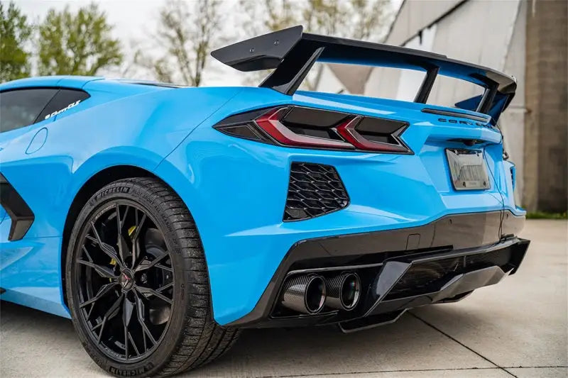 Corsa 20-23 Chevrolet Corvette C8 RWD 3in Valved Cat-Back with 4.5in Carbon Fiber Black PVD Tips, showcasing ultimate exhaust performance in a striking blue exterior, Performance, Truck & Automotive, Exhaust, Mufflers & Tips, AVADA - Best Sellers