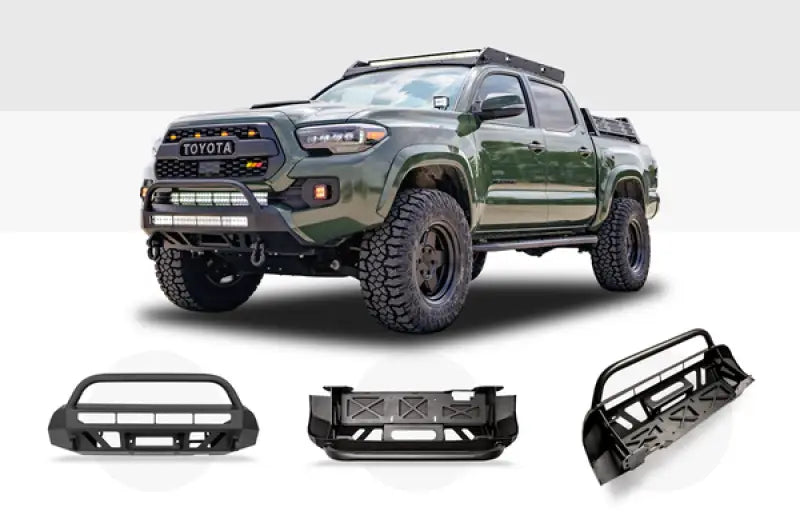 Toyota Tacoma with aftermarket bumpers featuring cr3306 cali raised CR3306 Cali Raised Stealth Bumper
