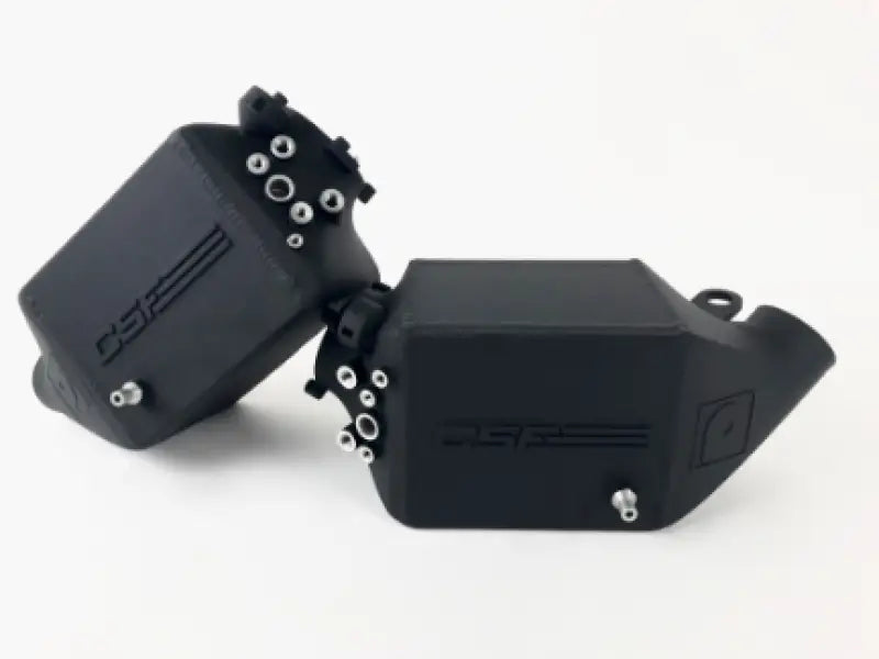 Black metal reservoirs with multiple ports for CSF twin charge-air-cooler set in crinkle black