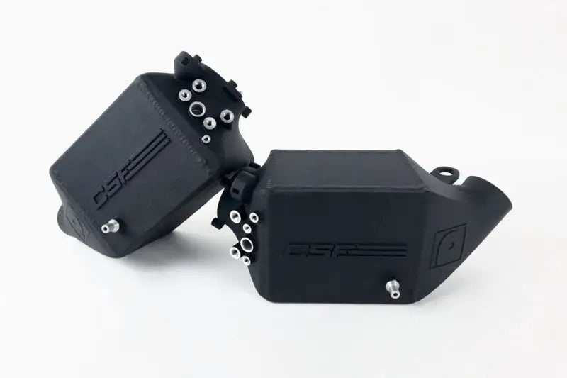 Black angular automotive reservoirs for twin charge-air-cooler set in crinkle black finish