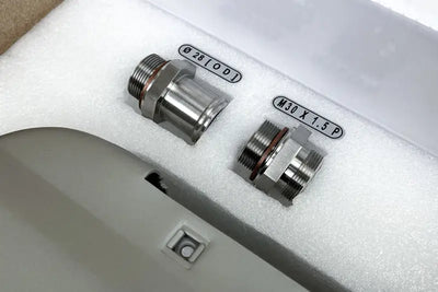 Two metal threaded widemouth fittings for Porsche 911 engine oil cooler system