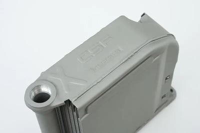 Gray metal oil cooler with widemouth fitting for Porsche 911 engine oil cooling