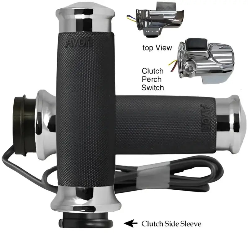 Black motorcycle handgrips with chrome ends and clutch perch switch for custom contour FBW heated grips