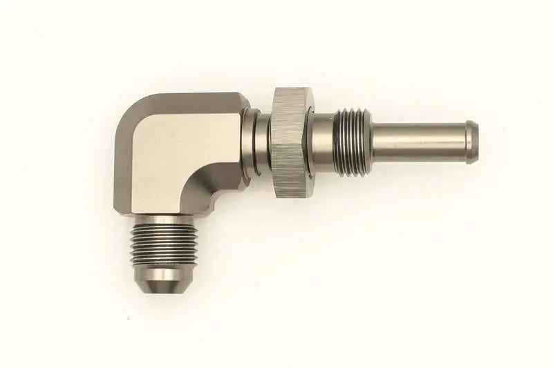DeatschWerks DeatschWerks 6AN Male Flare To 5/16in. Male Barb Bulkhead Adapter 90-Degree (Incl. Nut)