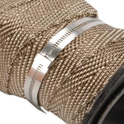 Clamped woven-covered hose with DEI stainless steel positive locking tie for secure fit
