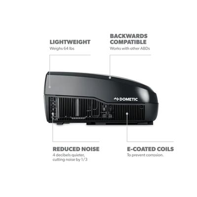 Dometic FreshJet 3 Series 13500 BTU RV Air Conditioner in sleek black, highlighting lightweight design, backward compatibility, reduced noise, and e-coated coils.