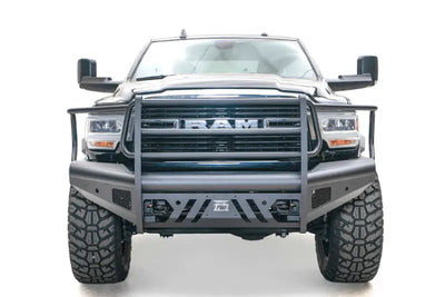 DR19-Q4460-1 Fab Fours Black Steel Elite Front bumper on a RAM truck, showcasing its sleek design and rugged durability.