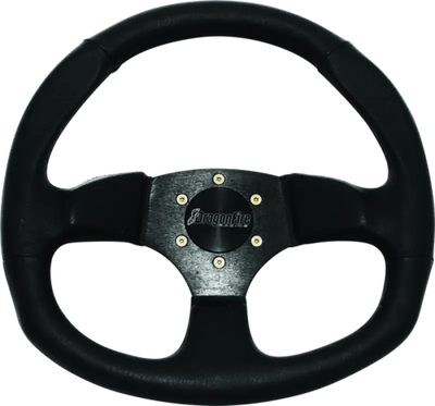 Black DragonFire Racing D-shaped steering wheel with textured grip and Aeromotive logo