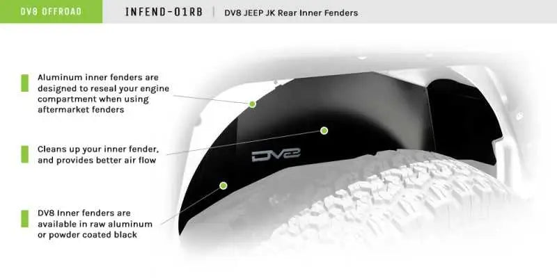 DV8 Offroad 07-18 Jeep Wrangler JK Rear Aluminum Inner Fender - Black 