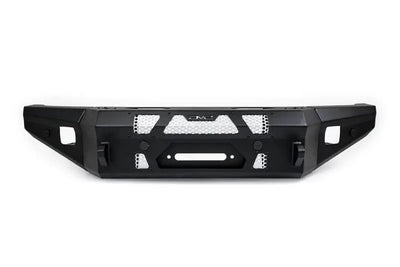 DV8 Offroad MTO Series Winch-Ready Front Bumper for 2021+ Ford Bronco, black steel with pod light mounts and optional bull bar opening.