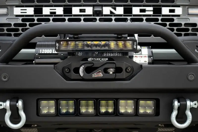 DV8 Offroad 2021+ Ford Bronco Modular Front Bumper with Winch and Auxiliary Light Mounts.