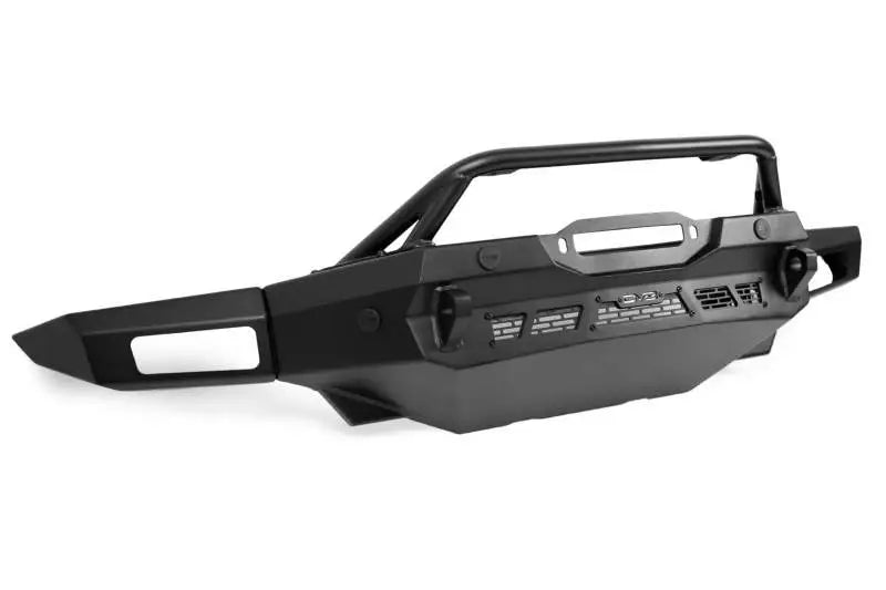 DV8 Offroad Spec Series Front Bumper for 2021-2023 Ford Bronco, featuring a low profile design with a heavy duty steel skid plate, winch mount, and light mounts.