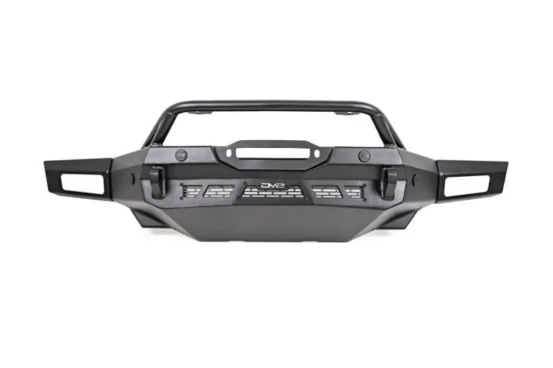 DV8 Offroad Spec Series Front Bumper for 2021-2023 Ford Bronco with winch mount, tubular bull bar, light mounts, and steel skid plate.