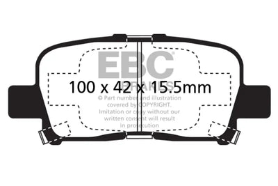 Technical drawing of EBC Greenstuff rear brake pads with dimensions for Acura MDX