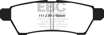 Diagram of EBC Greenstuff Rear Brake Pads with dimensions for Nissan Frontier 2.5 2WD