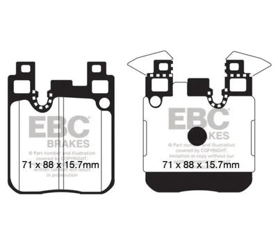 Two brake pad diagrams with dimensions.