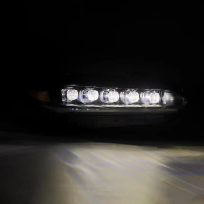 Headlight Assembly Projector Beam With White/ Amber Daytime Running Light And Amber Sequential Turn Signal Light; Osram Oslon Black Flat/ AlphaRex LUXX LED High Beam/ Osram Oslon Black Flat LED Low Beam; Clear Polycarbonate Lens; Alpha-Black Polypropylene - NTP