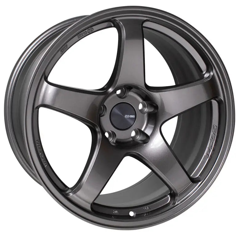 Five-spoke gray alloy wheel from Enkei PF05 18x9 with dark silver finish