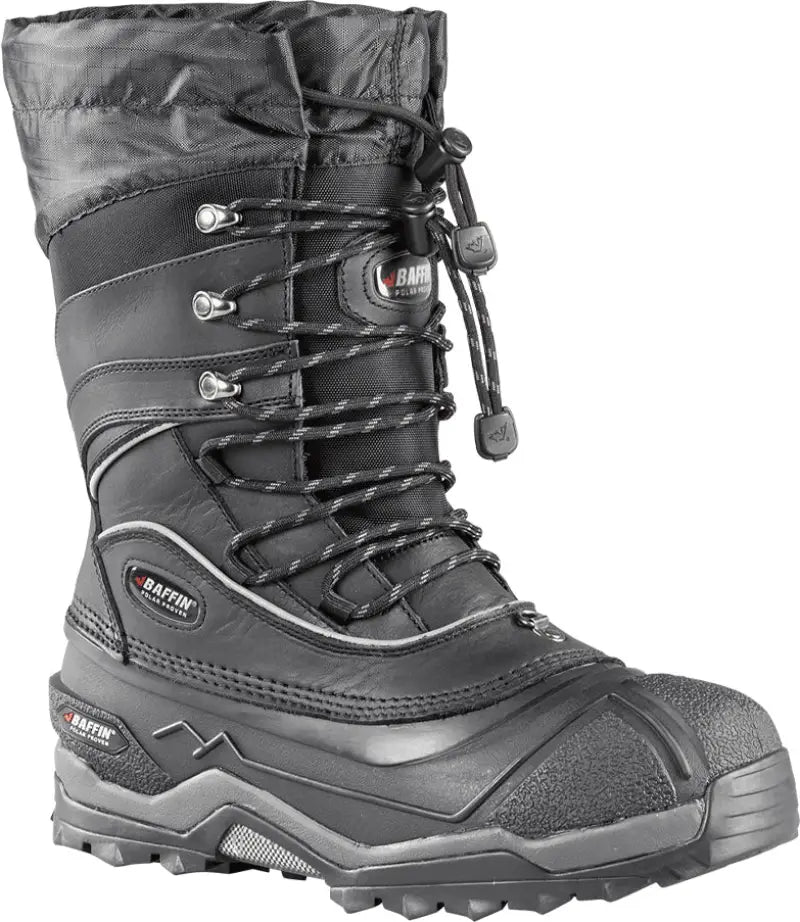 Black waterproof insulated Snow Monster boots with rugged sole and drawstring top