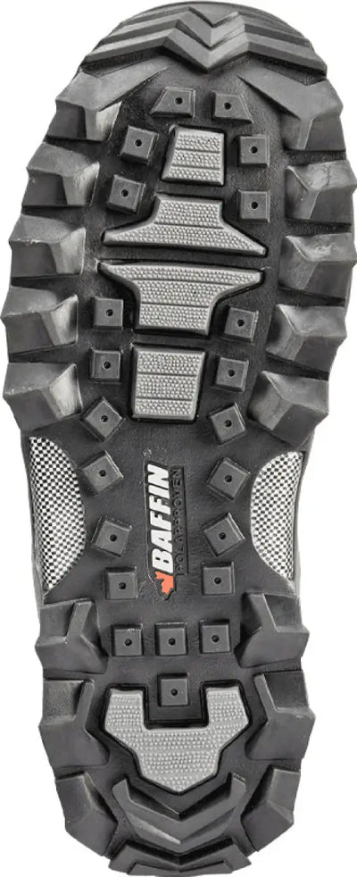 Rugged black sole with aggressive treads on Snow Monster Boots Black Sz 14