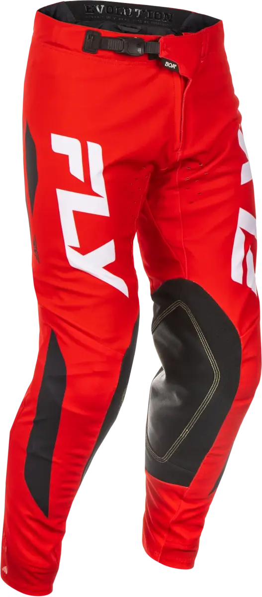 Red motocross pants with black accents and white lettering.