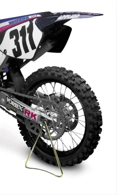 Dirt bike rear wheel on Excel ProSeries MC Triangle Stand for easy maintenance