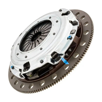 Automotive clutch assembly showing Exedy 1996-10 Mustang twin disc clutch with organic disc