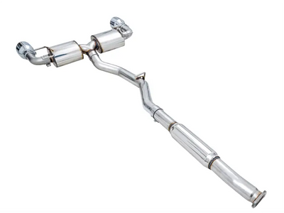 Exhaust system kit stainless steel without muffler, single exhaust with dual outlet, rear exit, 5 inch chrome silver tips by AWE.