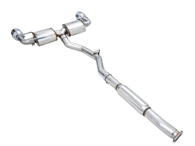 Exhaust system kit stainless steel without muffler, single exhaust with dual outlet, rear exit, 5 inch chrome silver tips by AWE.