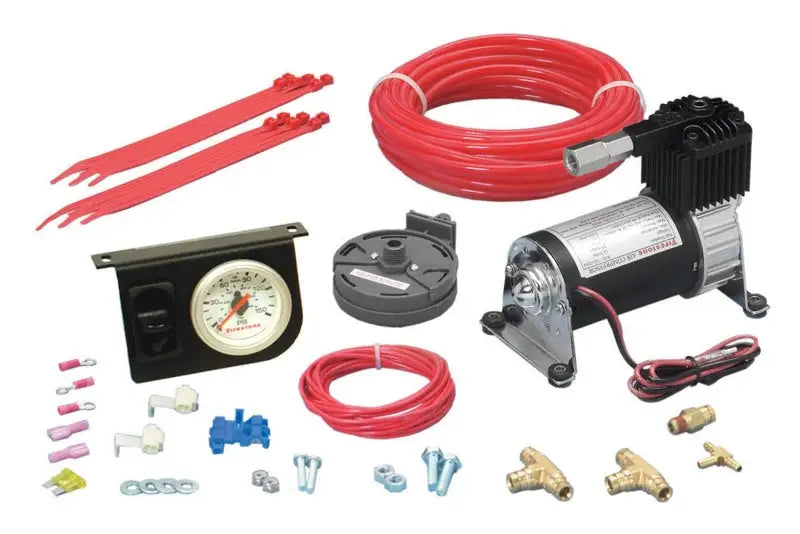 Firestone Level Command II Standard Duty Single Analog Air Compressor System Kit (WR17602158) with red tubing, gauge, and multiple components.