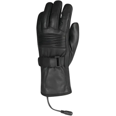 Black leather FIRSTGEAR Heated Rider iTouch Gloves with wrist strap for cold rides