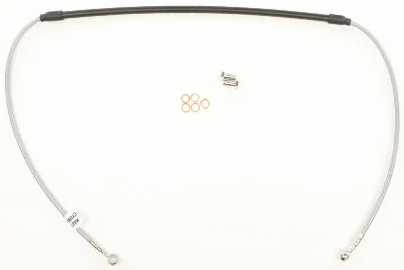 Flexible braided steel brake line FK003D430-1 with fittings, washers, and clip