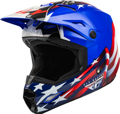 Blue, red, and white American flag-themed Fly Racing helmet tree header for helmet tree display