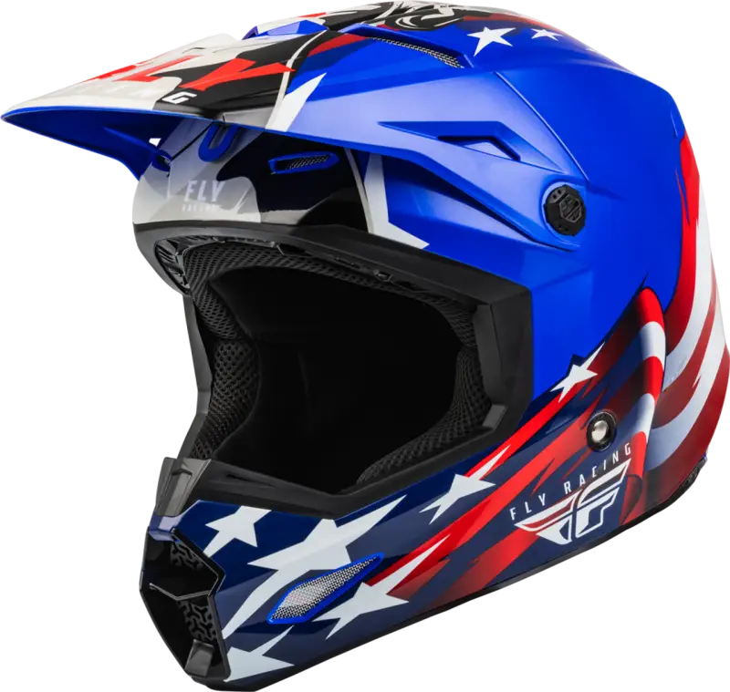 Blue, red, and white American flag-themed Fly Racing helmet tree header for helmet tree display